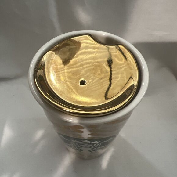 Starbucks Ceramic 2015 Mermaid Siren Golden / White 12oz Coffee Travel Tumbler - Picture 2 of 5